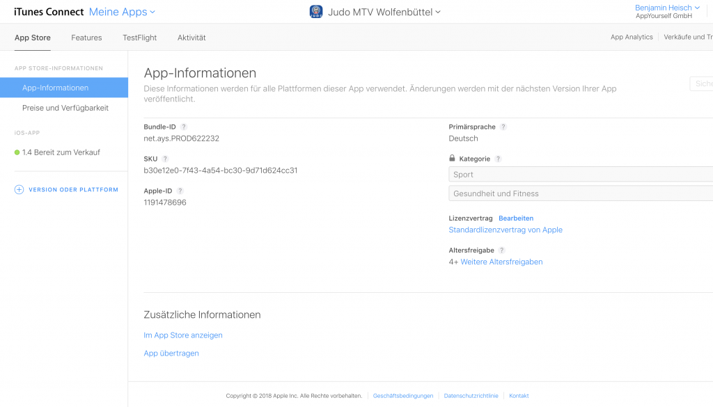 Der App Transfer erfolgt in dem iTunes Connect Konto, in dem die zu transferierende App liegt