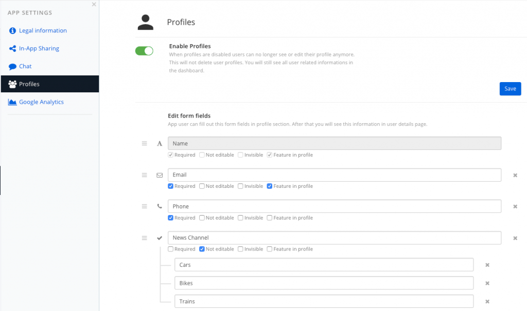 Adjusting the field forms inside the dashboard