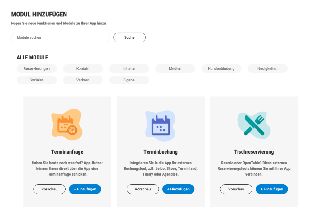 Module hinzufügen über das Dashboard